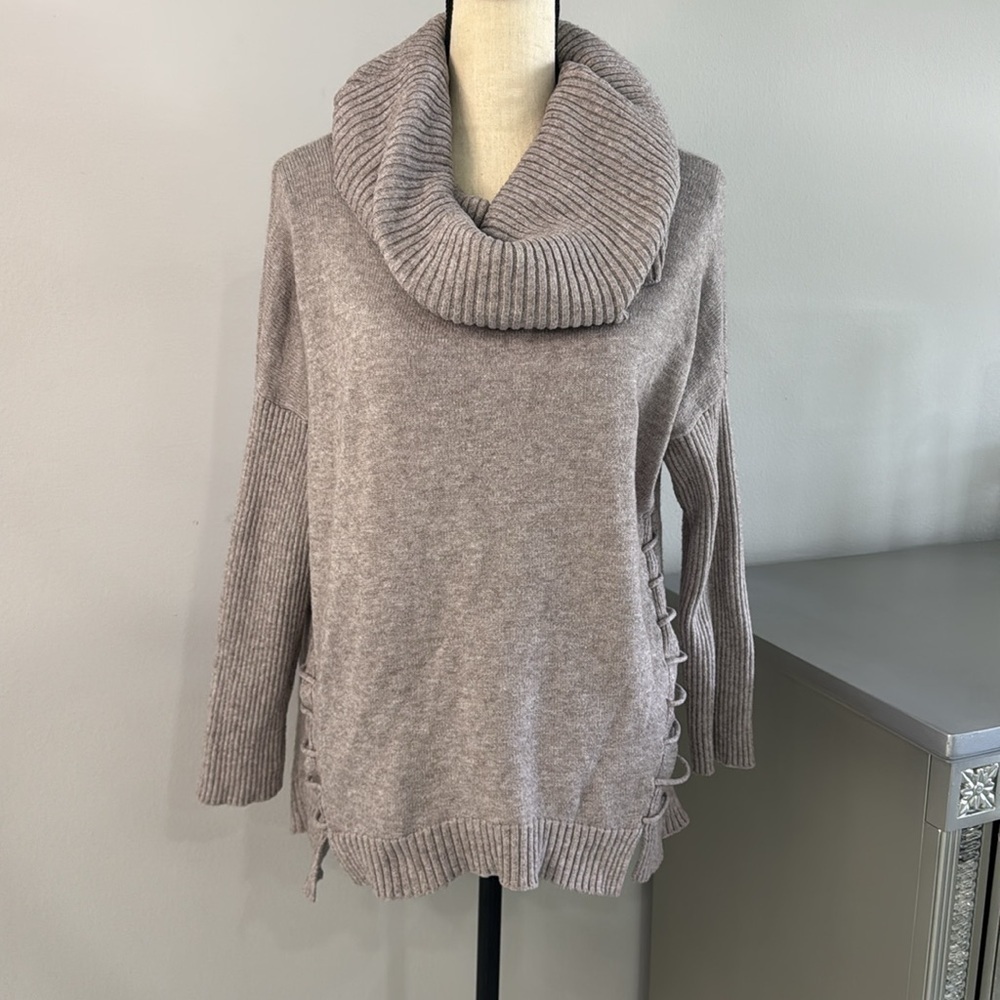Poof Tan Cowl Neck Sweater. Sz L